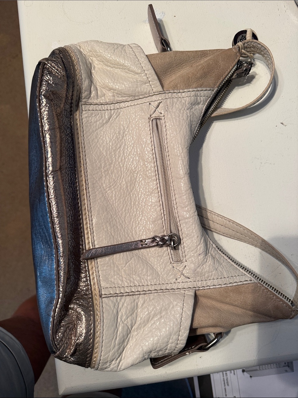 The Sak Cream and Metallic Bronze Leather Shoulder Bag